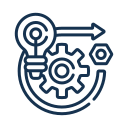 Icon featuring a lightbulb, a gear, and an arrow pointing to the right, representing business relocation for West Seattle light rail.